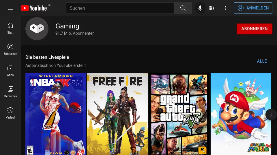 Die YouTube Gaming Homepage am 9. Februar 2022