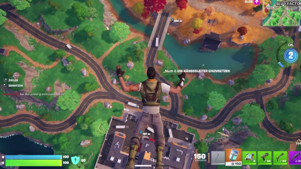 Die Map in Fortnite aus der Vogelperspektive, nach dem Absprung aus dem Schlachtenbus / Battlebus