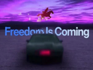 Titelmontage für den Artikel: Die Freiheit. Sie kommt. Der Geisterreiter der Website freedom.gov über dem Titelbild von Knight Rider; Montage: instream.de